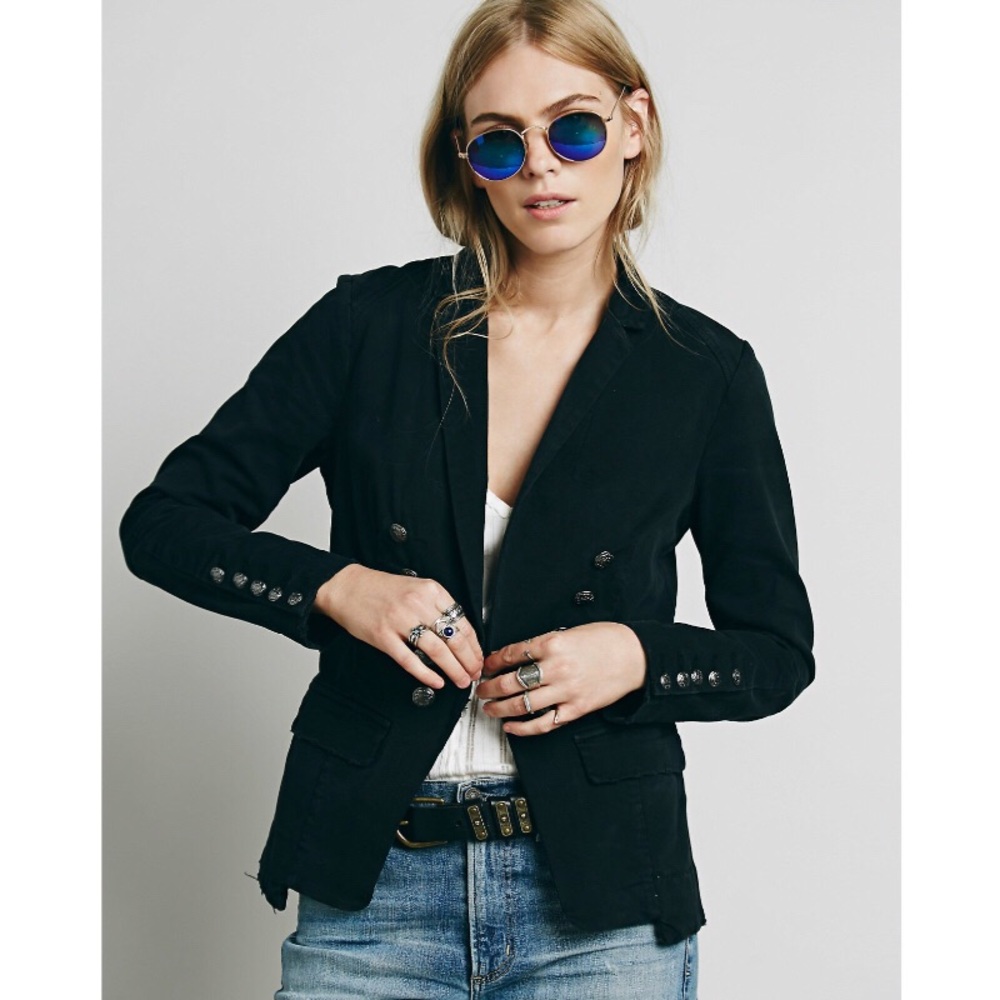 Free People Black Double-Breasted Blazer with Button Detail